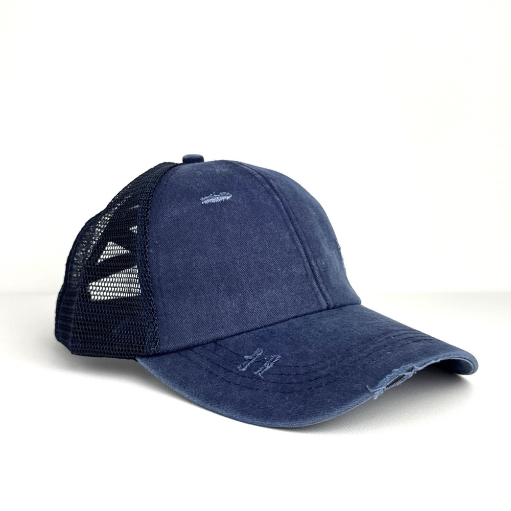 Women's PonyTail Hat Blue Distressed Washed‎ Denim Criss Cross Mesh Baseball Cap